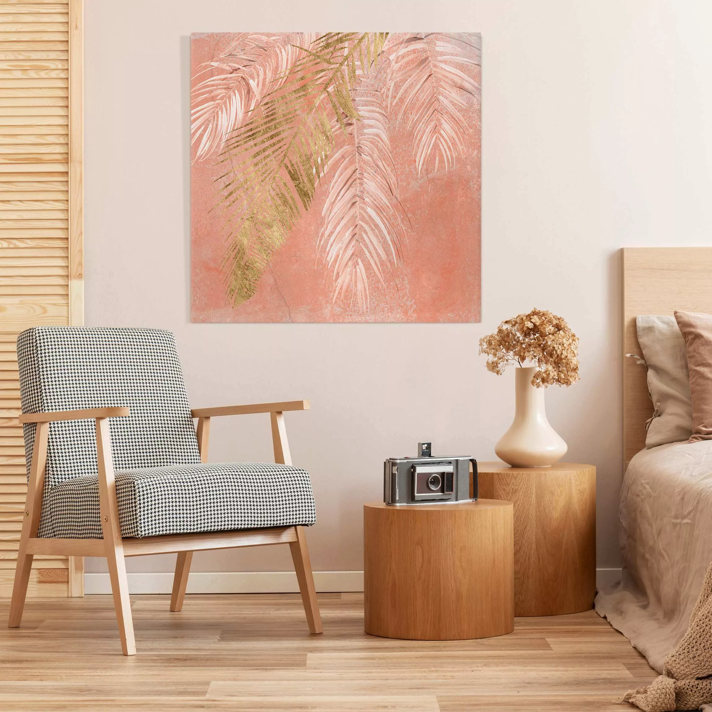 Leinwandbild Palmenblätter Rosa und Gold I günstig online kaufen