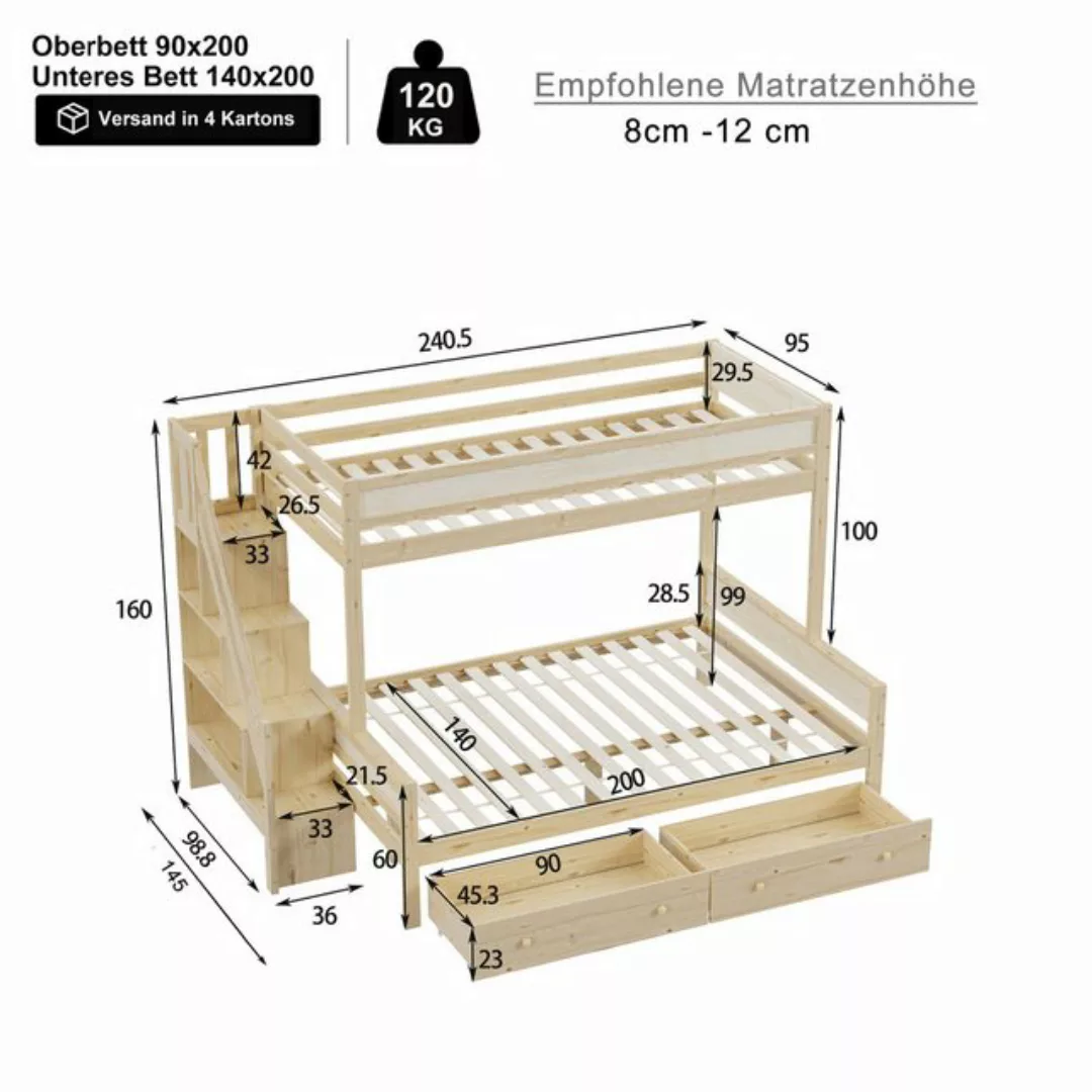 Flieks Etagenbett, Massivholzbett 90x200cm/140x200cm mit 2 Schubladen und S günstig online kaufen