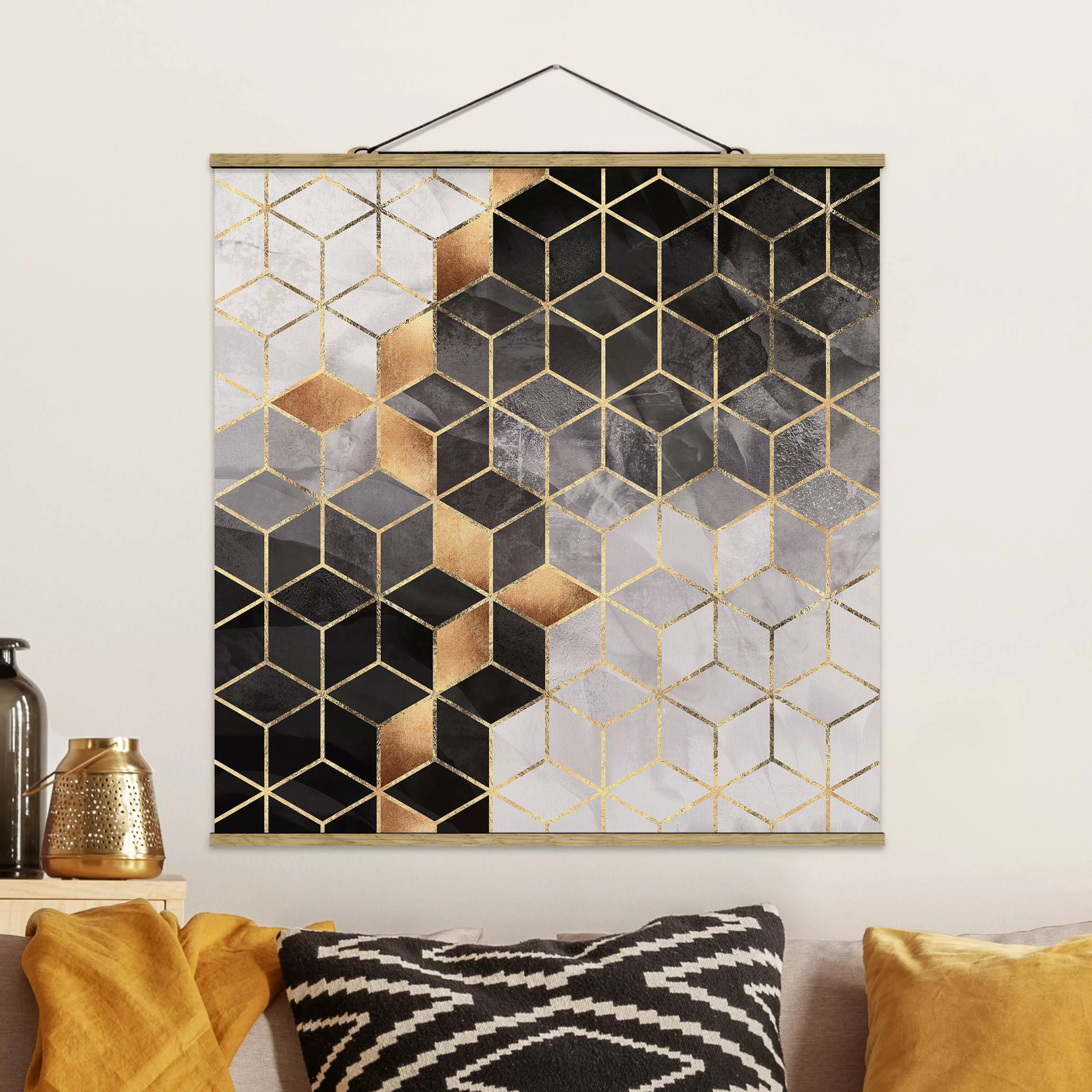 Stoffbild Abstrakt mit Posterleisten - Quadrat Schwarz Weiß goldene Geometr günstig online kaufen