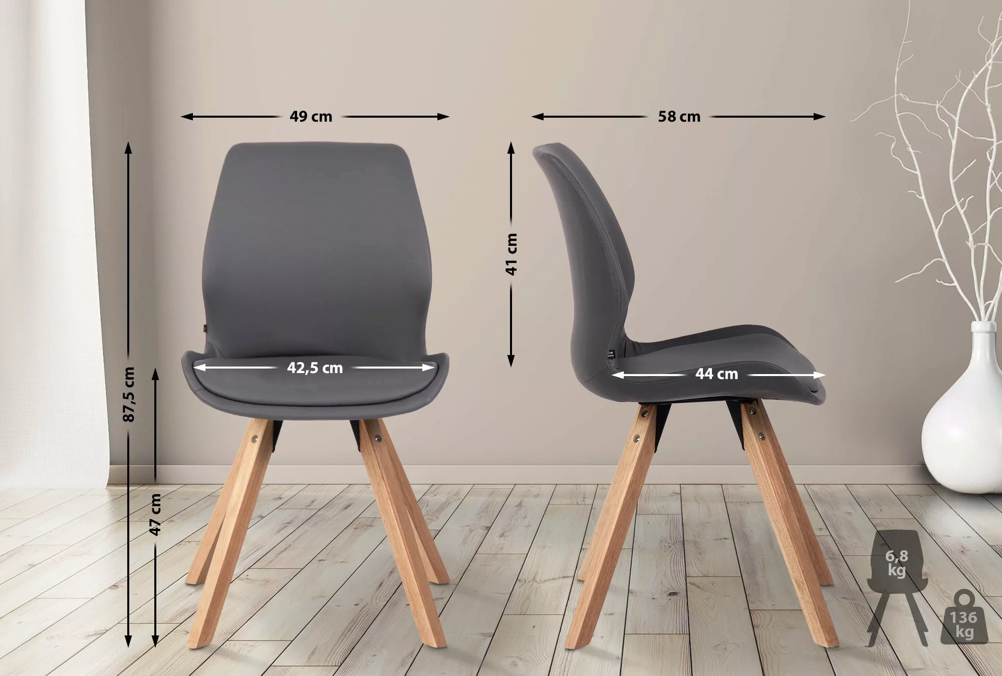 2er Set Stuhl Luna Kunstleder Grau günstig online kaufen