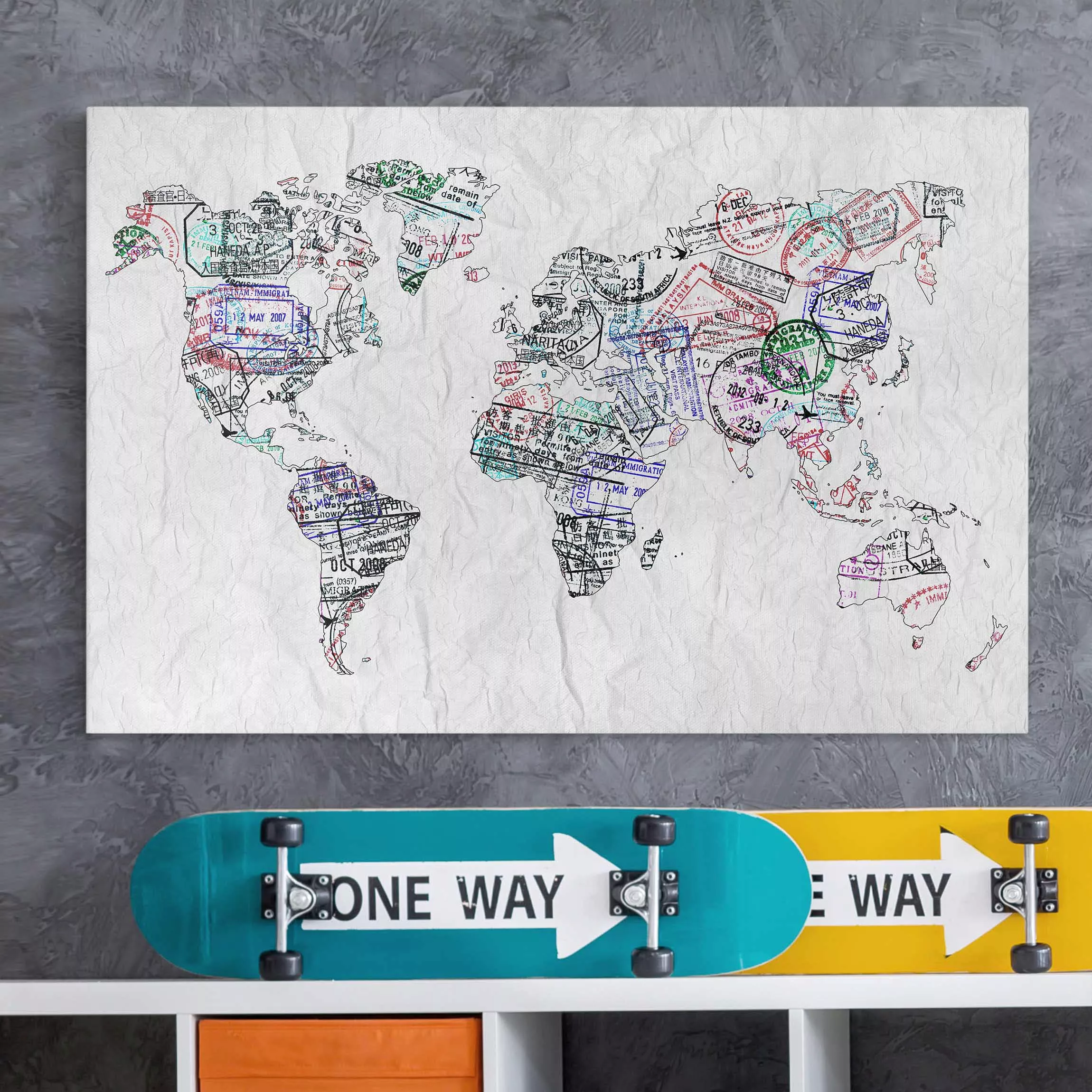 Leinwandbild Weltkarte - Querformat Reisepass Stempel Weltkarte günstig online kaufen