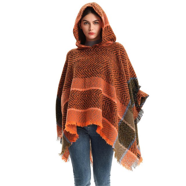 Zoclack Poncho Poncho Damen mit Kapuze, Kapuzenpullover mit Fransensaum kar günstig online kaufen