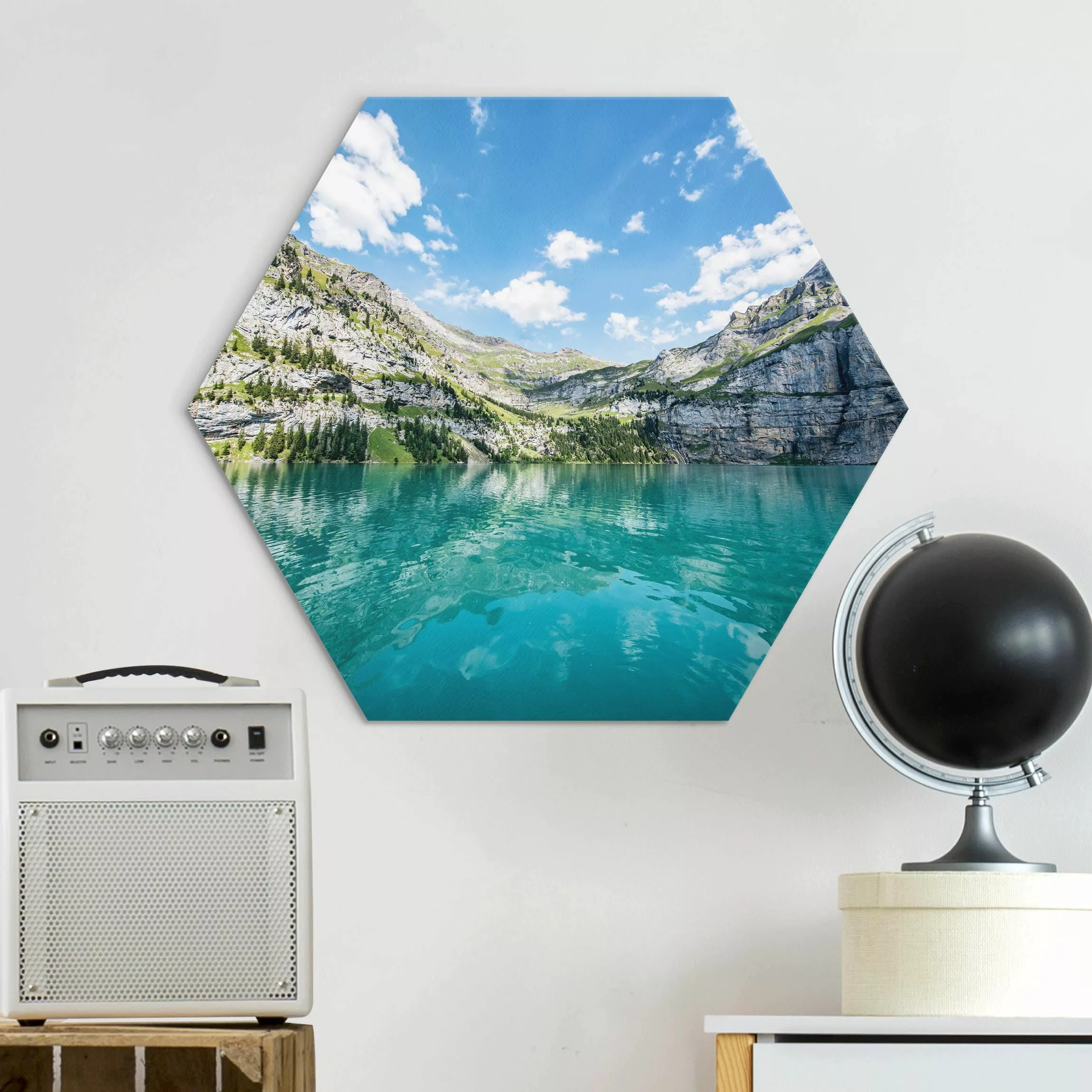 Hexagon-Alu-Dibond Bild Traumhafter Bergsee günstig online kaufen