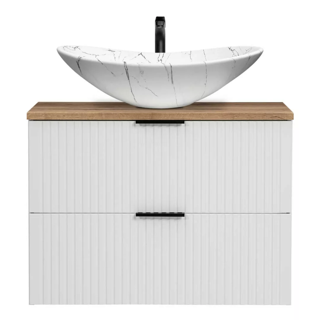 Waschtisch 80cm mit marmoriertem Aufsatzbecken, weiß mit Eiche Nb., Front g günstig online kaufen