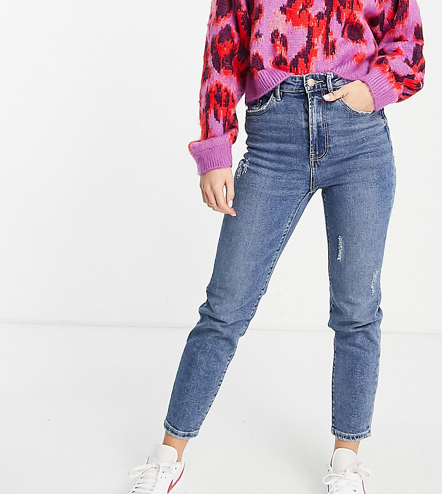 Stradivarius Petite – Schmale Mom-Jeans mit Stretch in Mittelblau günstig online kaufen