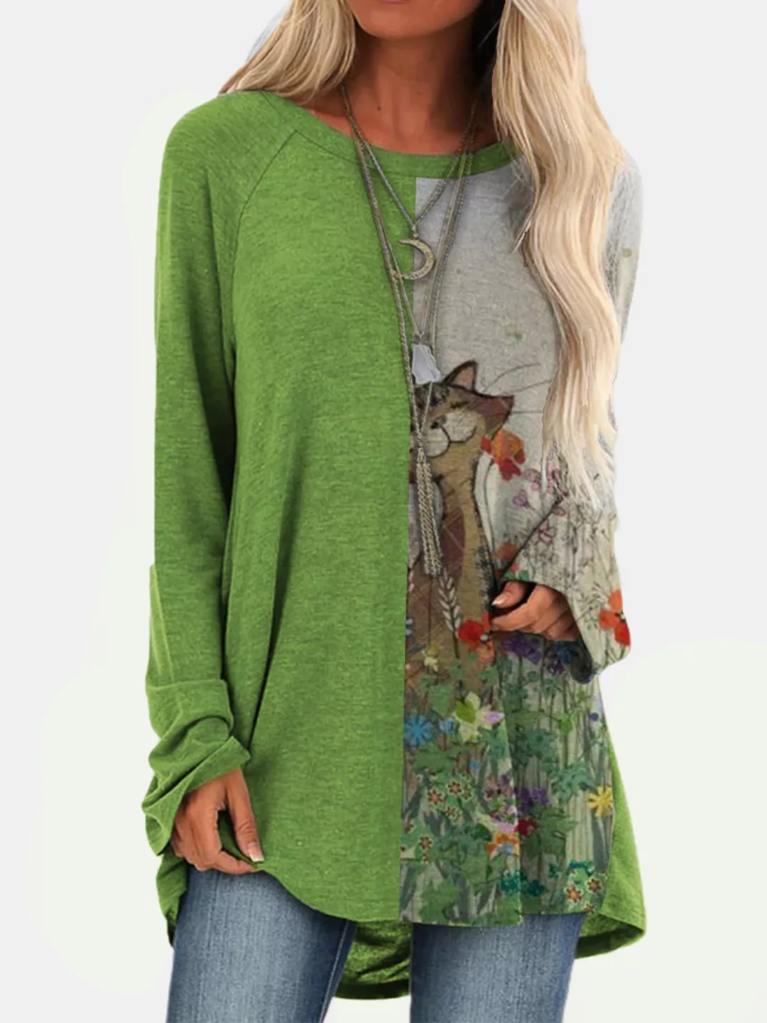 Cartoon Patchwork Print O-Ausschnitt Casual Long T-Shirt für Damen günstig online kaufen