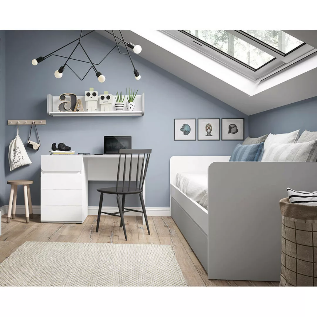 Jugendzimmer Komplett Set, Bett mit Bettschublade, 90x200 cm, weiß, grau FL günstig online kaufen