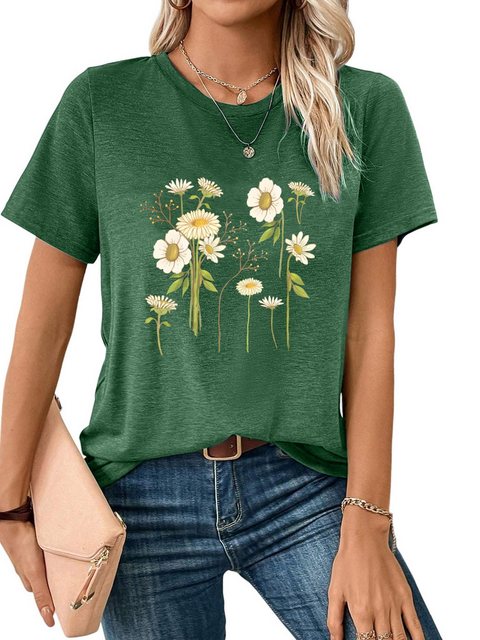 PYL Kurzarmshirt Damen Sommer Kurzarmbluse Locker Blumen Print-Shirt günstig online kaufen