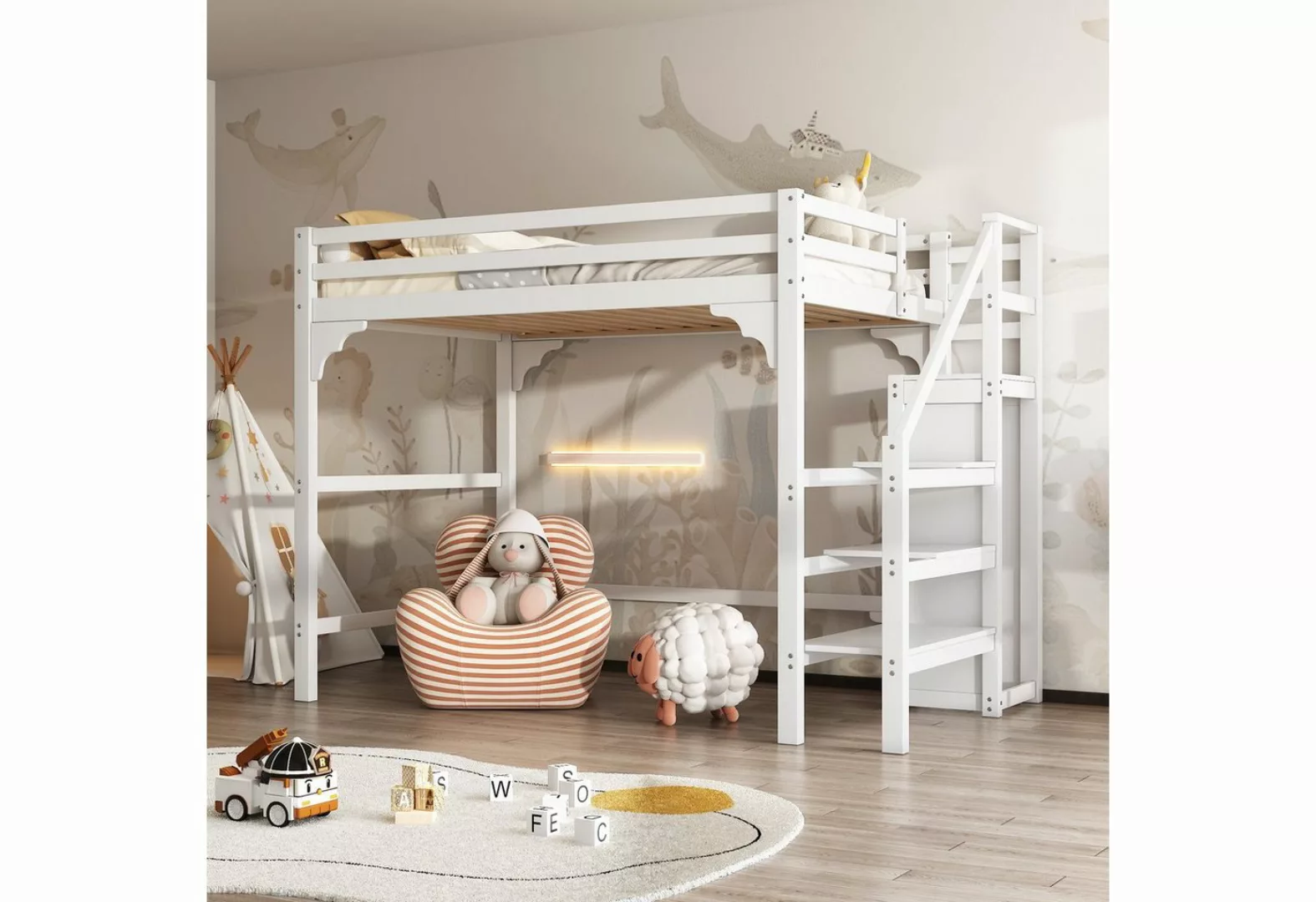 Flieks Hochbett Kinderbett Etagenbett mit Stauraumtreppe und Kleiderschrank günstig online kaufen