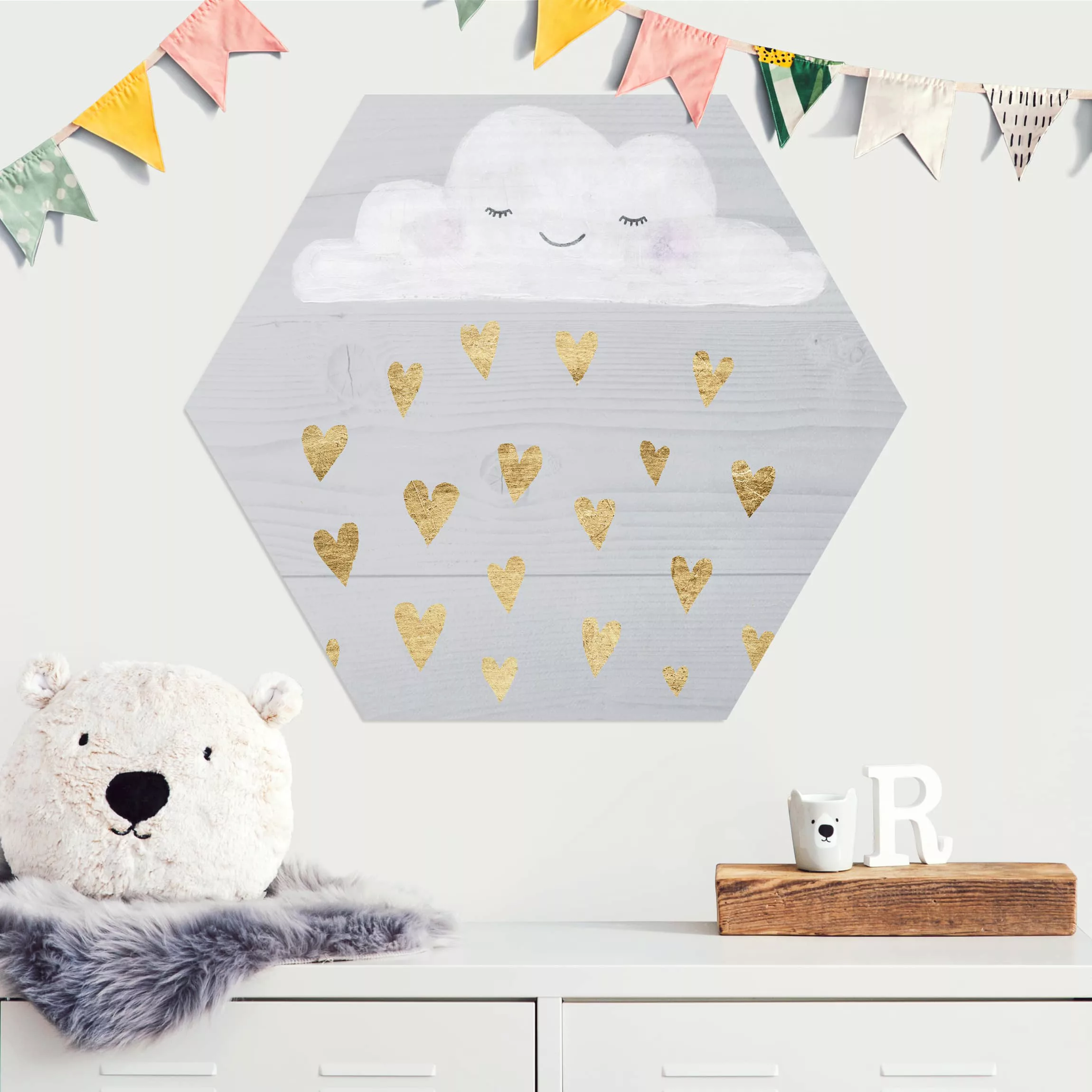 Hexagon-Alu-Dibond Bild Kinderzimmer Wolke mit goldenen Herzen günstig online kaufen