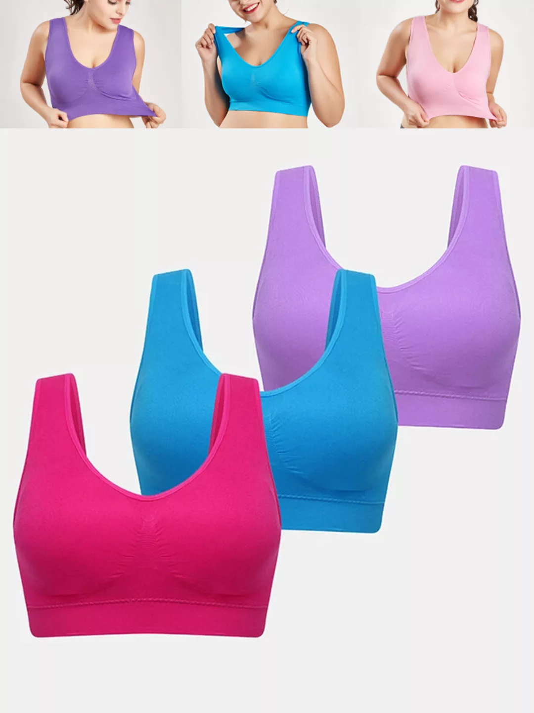 3Pcs Plus Größe Damen Solid Color Wireless Gather Atmungsaktive Sport T-Shi günstig online kaufen