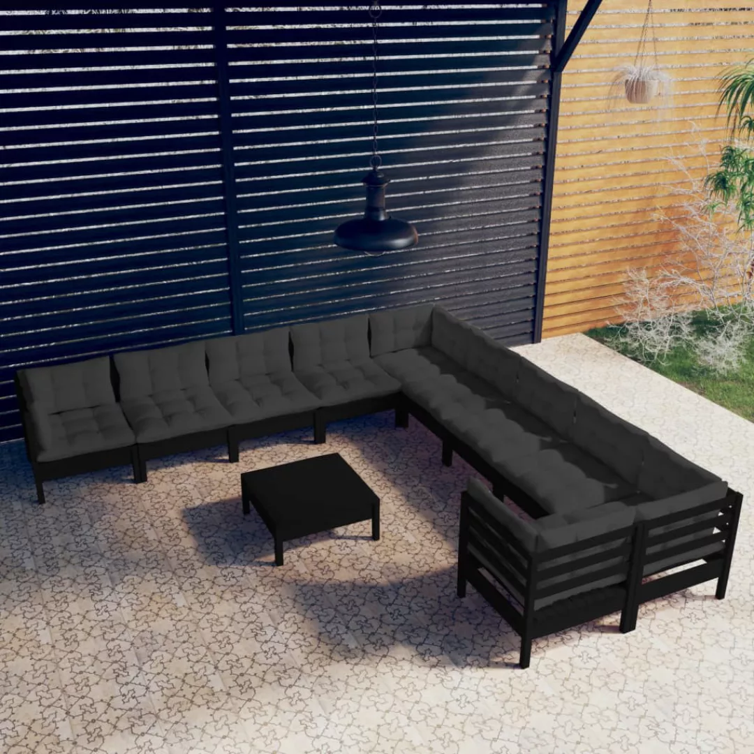 11-tlg. Garten-lounge-set Mit Kissen Schwarz Kiefernholz günstig online kaufen