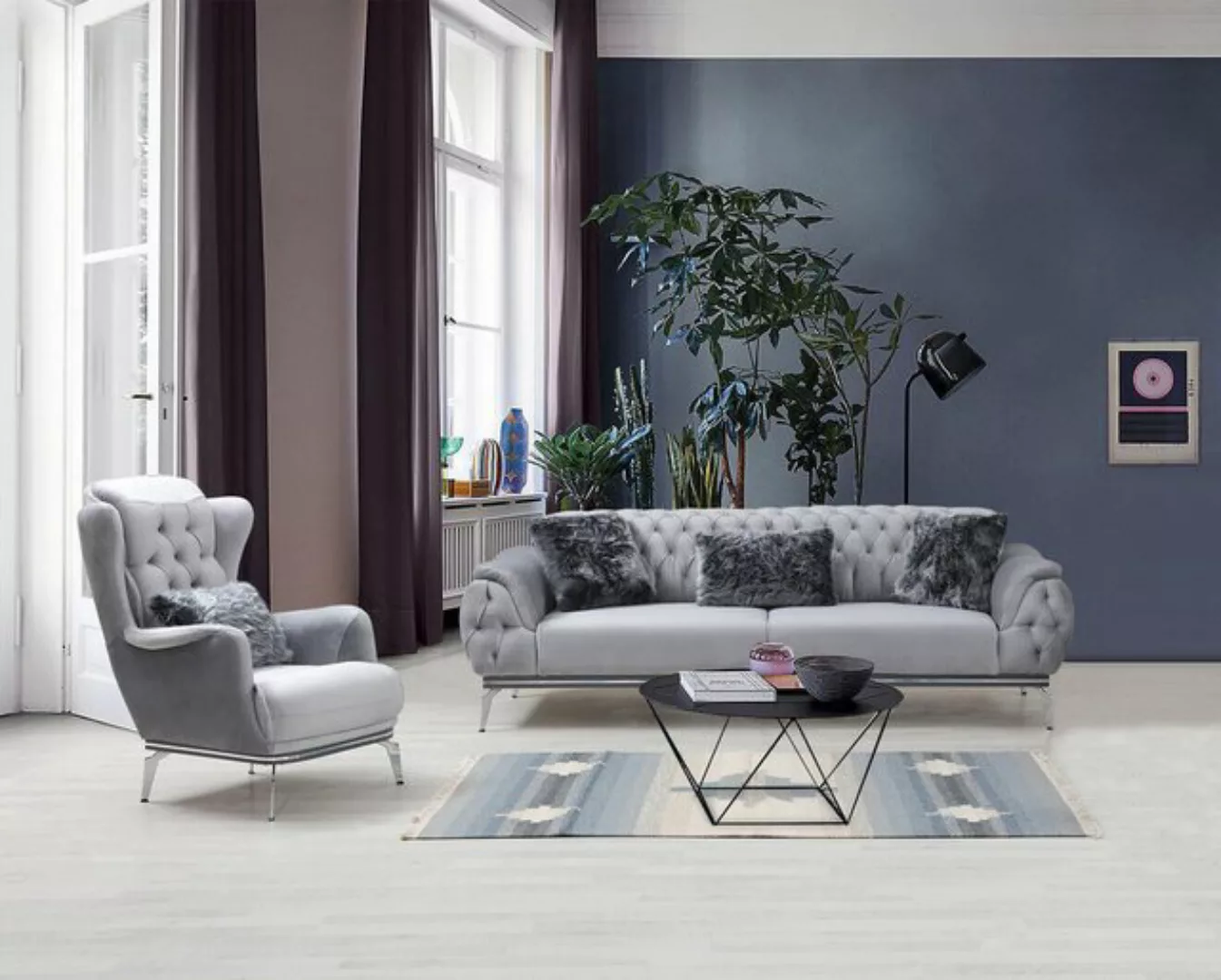 JVmoebel Sofa Wohnzimmer-Set Sofa mit Sessel Chesterfield Design Modern Tex günstig online kaufen