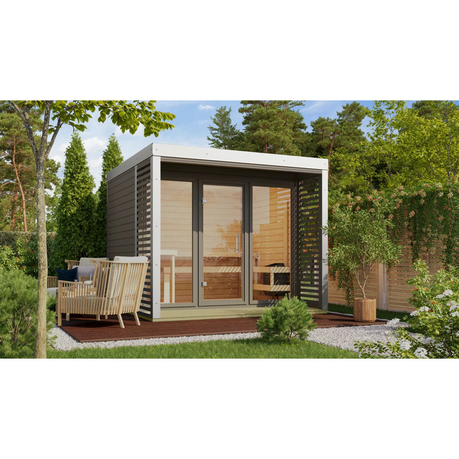 Karibu Saunahaus Seros 3 Terragrau/Weiß mit Ofen 9 kW Bio Ext. Strg. günstig online kaufen