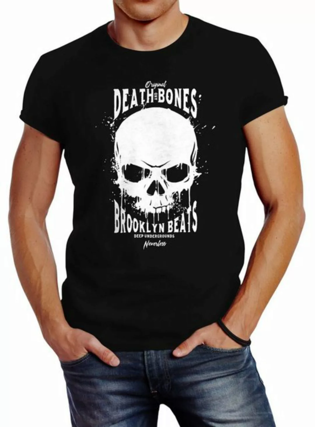 Neverless Print-Shirt Herren T-Shirt Skull Death and Bones Techno Logo Slim günstig online kaufen