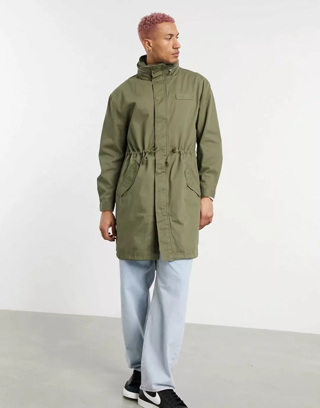 ASOS DESIGN – Parkajacke mit Stehkragen in Khaki-Grün günstig online kaufen