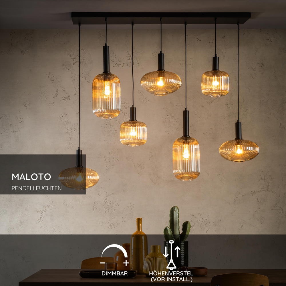 Pendelleuchte Maloto, Glas, 7-flamig, amber, 150 cm günstig online kaufen