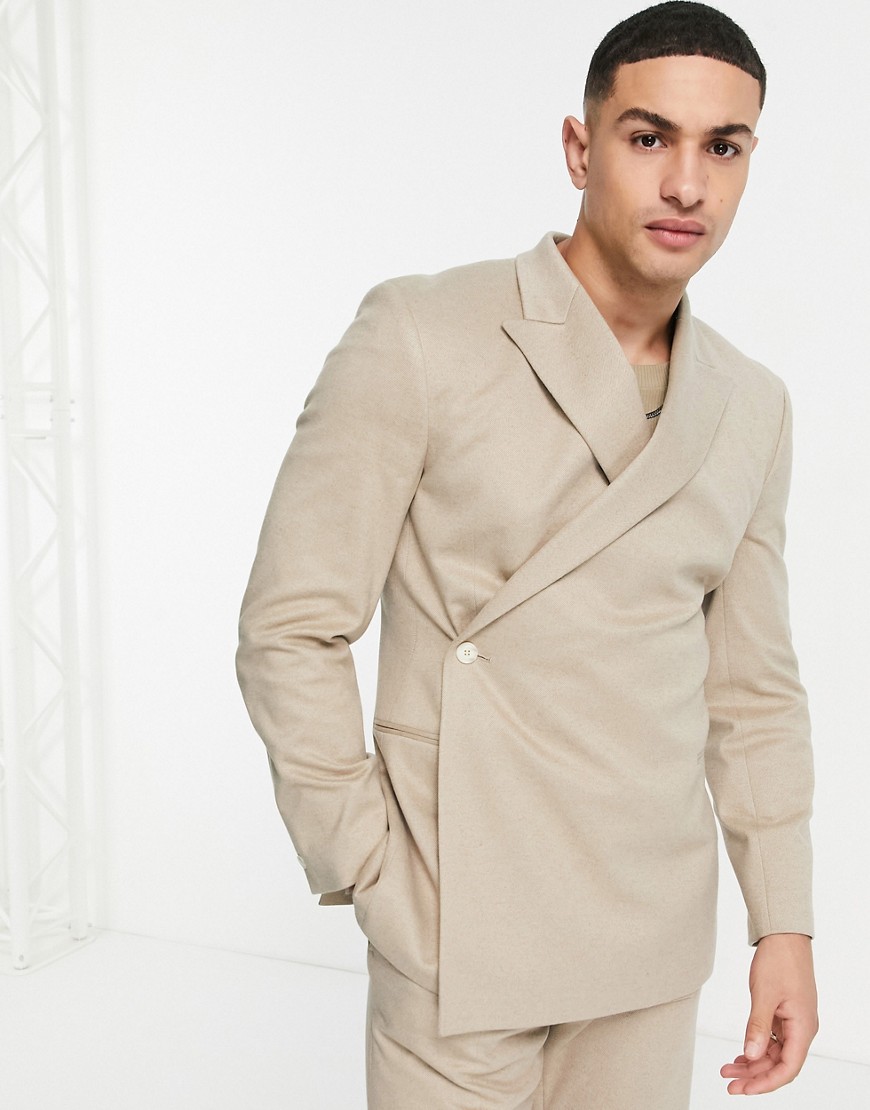 ASOS DESIGN – Weiche, elegante Anzugjacke in Beige mit Wickel-Design-Neutra günstig online kaufen