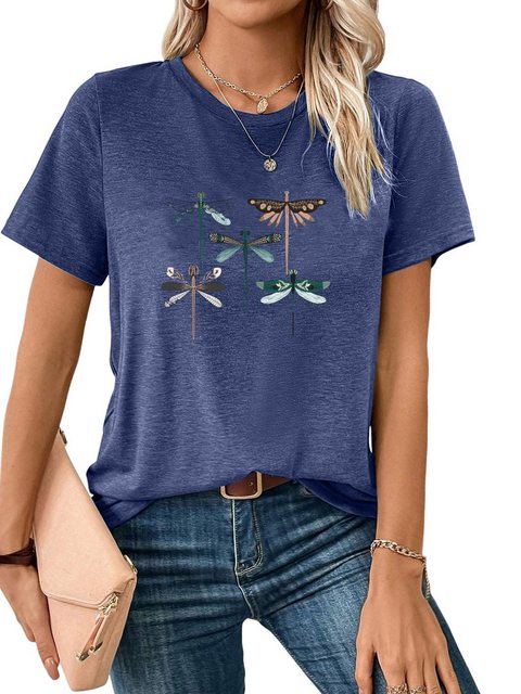 PYL Print-Shirt Damen Sommer Casual T-Shirt mit Libelle Print Tee günstig online kaufen