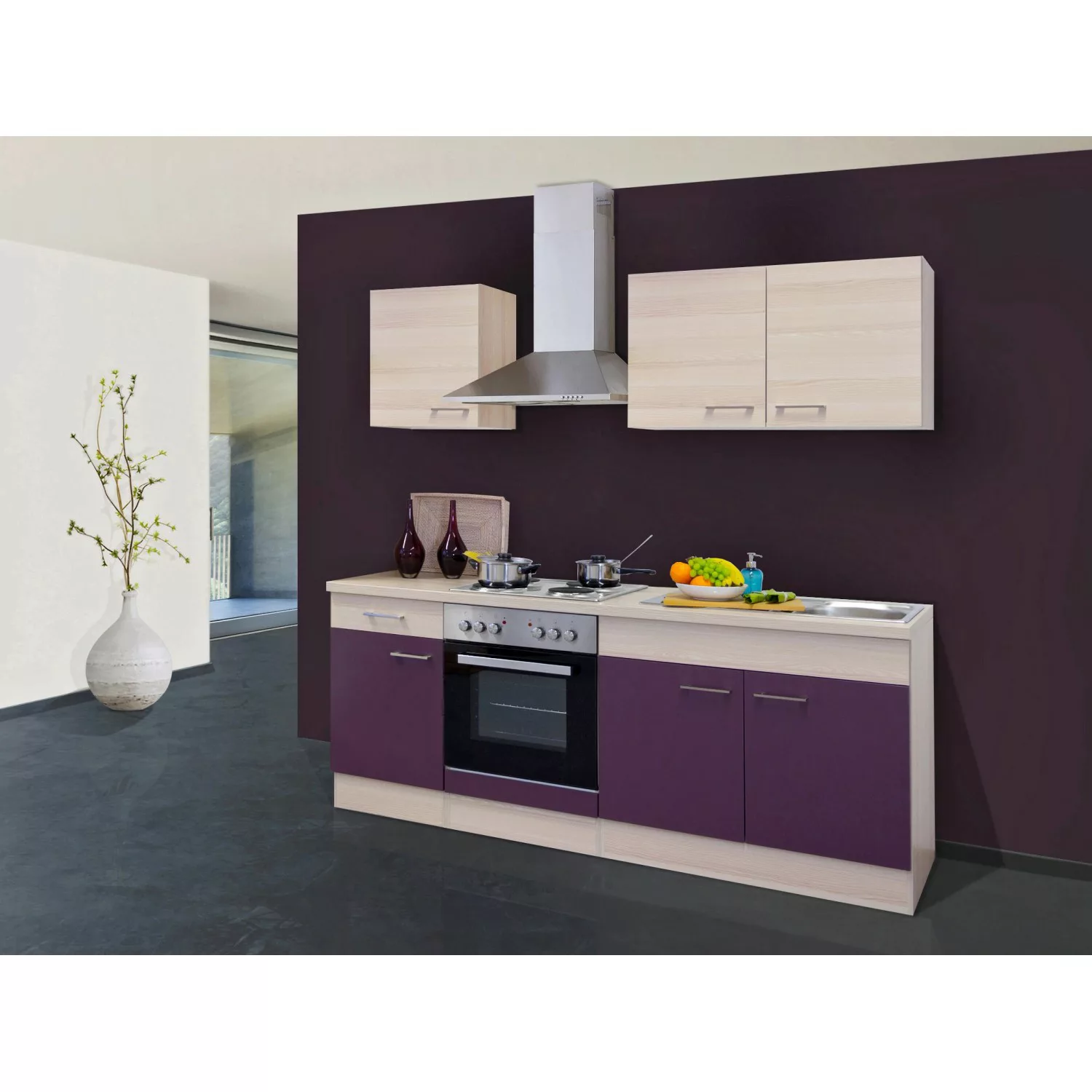 Flex-Well Exclusiv Küchenzeile Focus 210 cm Akazie-Aubergine günstig online kaufen