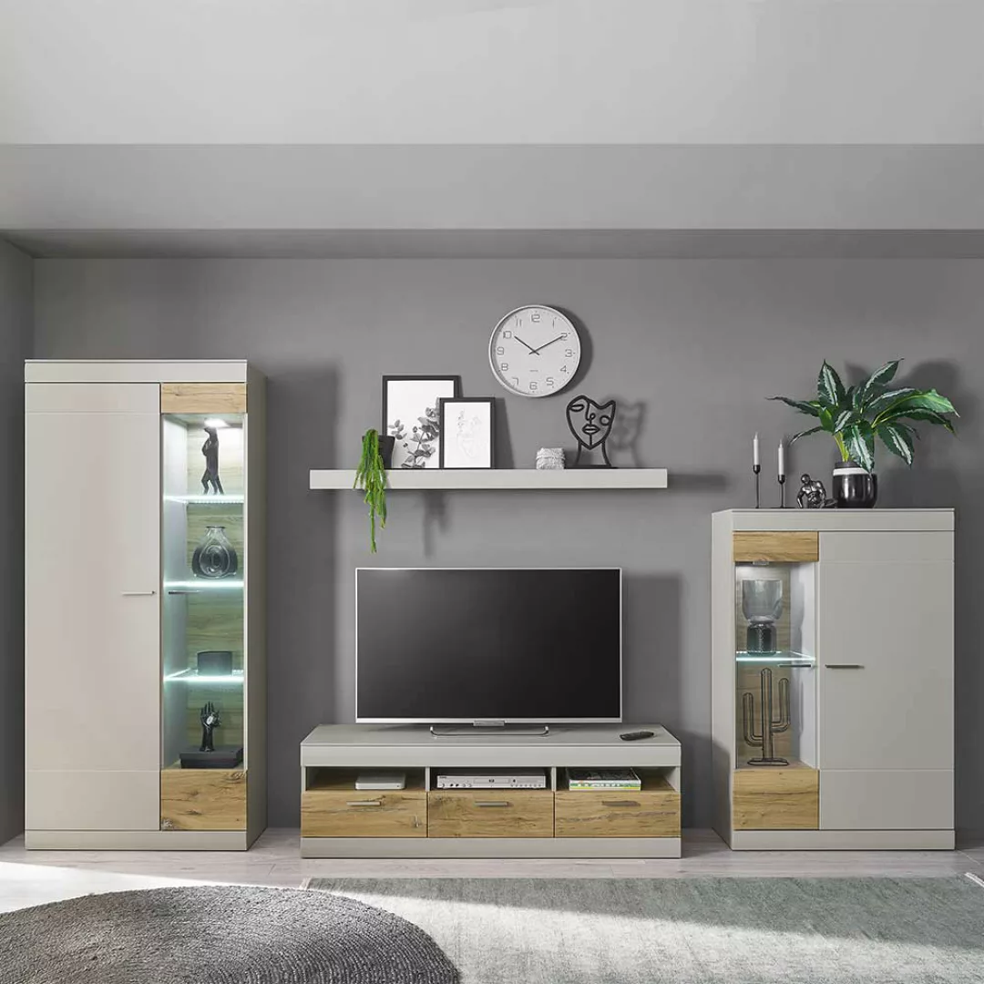 Wohnzimmerwand Modern in Hellgrau Zinneichefarben (vierteilig) günstig online kaufen