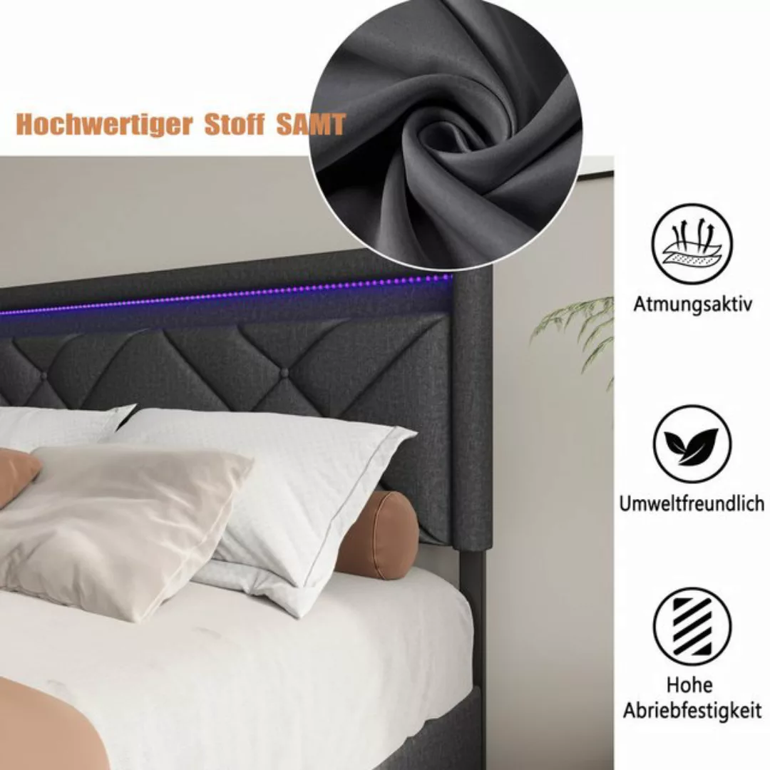 FUROKOY Polsterbett Doppelbett Stauraumbett Mit LED-Beleuchtung USB+TYPE-C günstig online kaufen