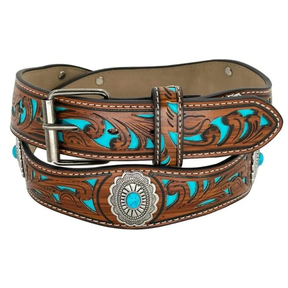 Westernlifestyle Ledergürtel Braun türkis gemusterter Westerngürtel günstig online kaufen