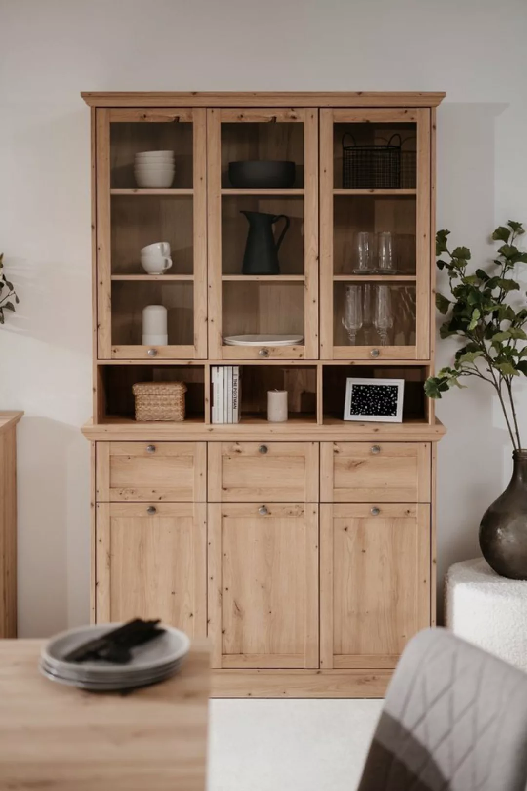 freiraum Buffet Timber Landhaus, 6 Türen, 3 Schübe, Glas / Eiche Dekor - 12 günstig online kaufen