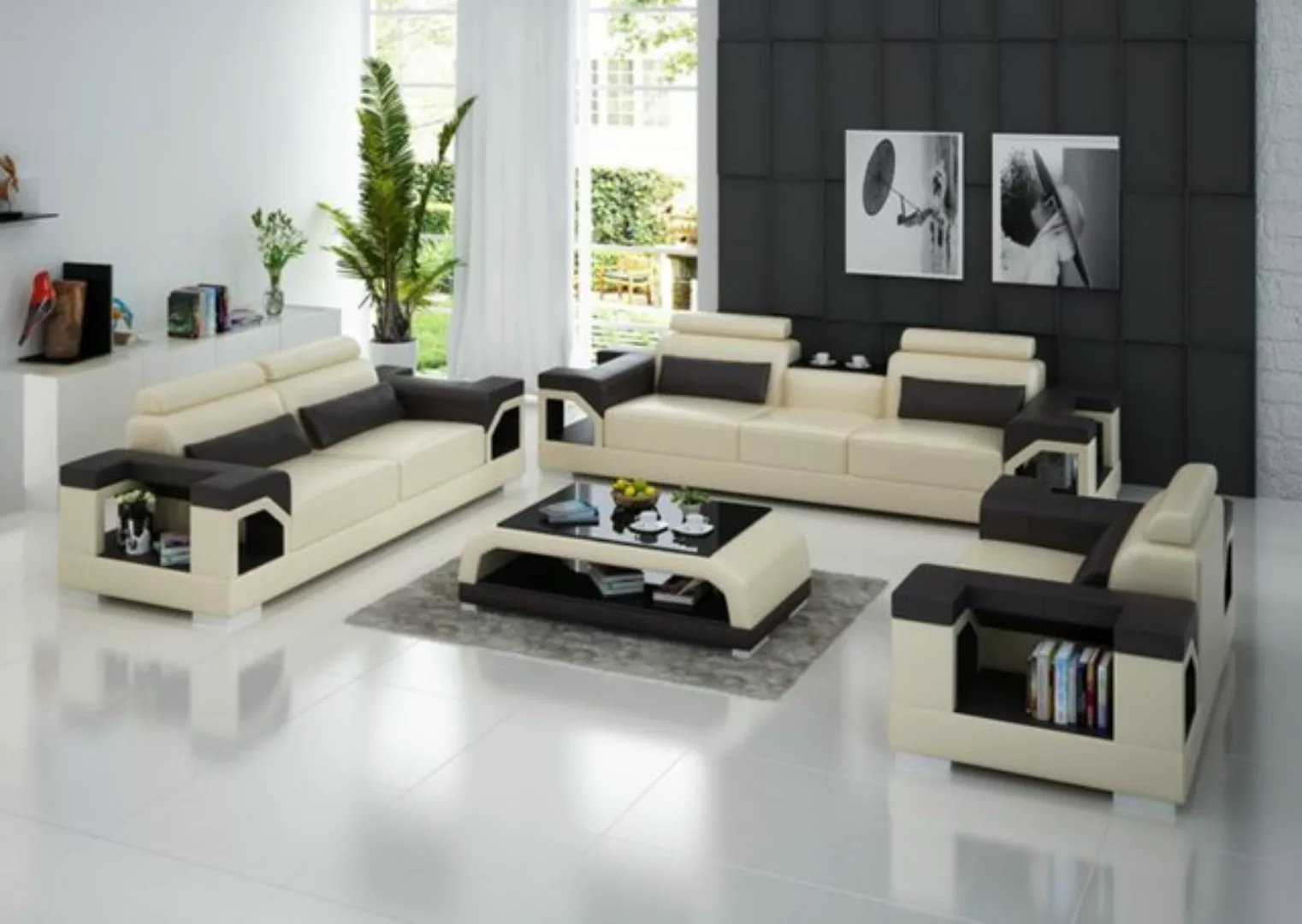 JVmoebel Sofa Weiß-schwarze Ledersofas Wohnlandschaft 3+2+1 Sitzer Neu, Mad günstig online kaufen