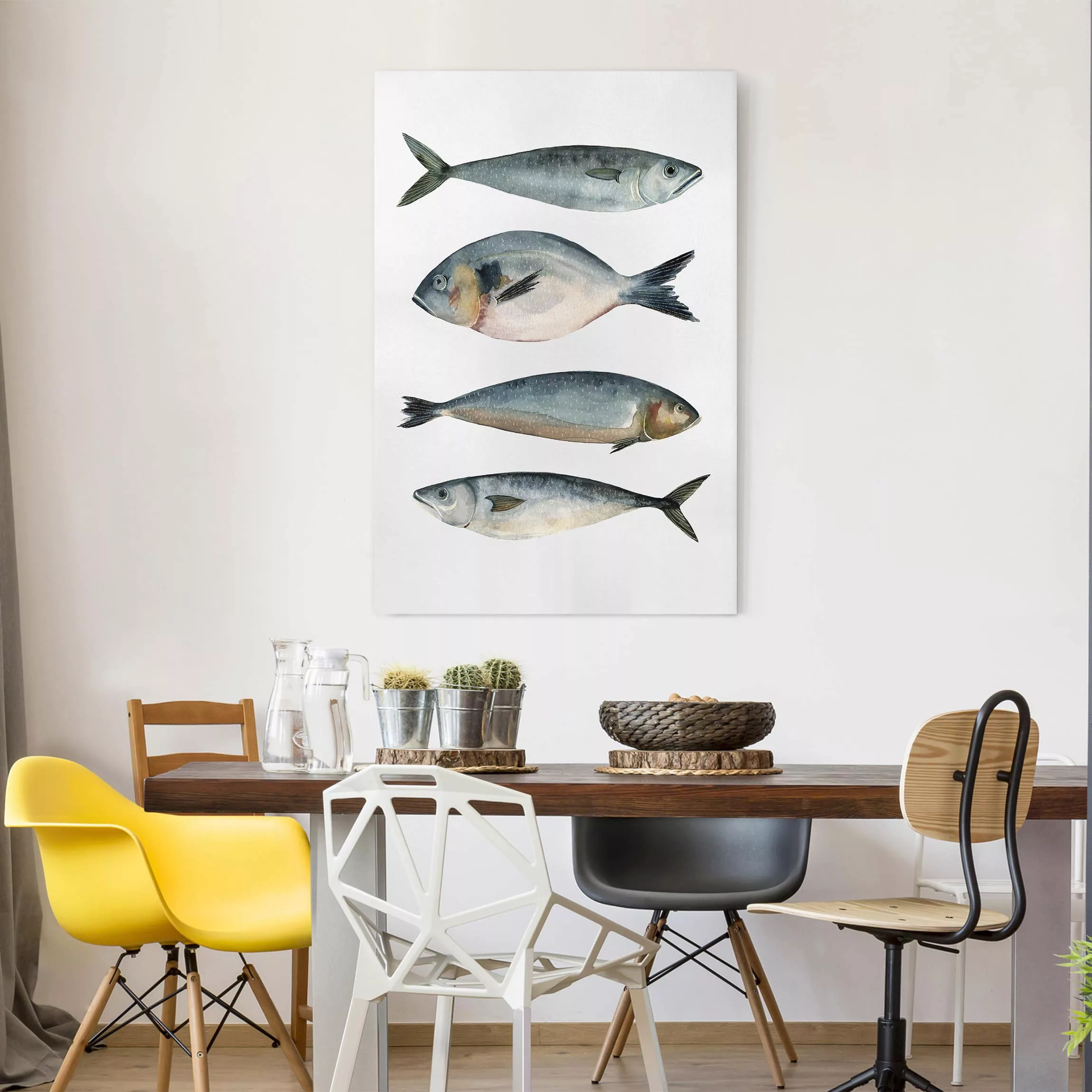 Leinwandbild Botanik - Hochformat Vier Fische in Aquarell II günstig online kaufen