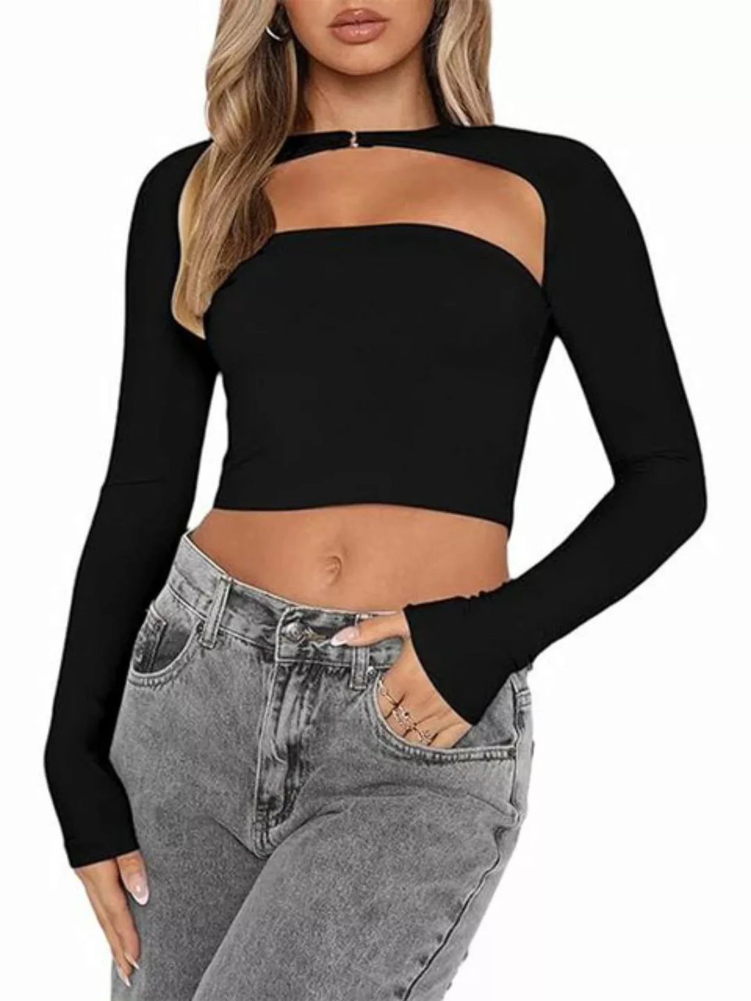 FIDDY T-Shirt Damen Langarm Cut Out Crop Top Rückenfreies Oberteil Sexy Sli günstig online kaufen