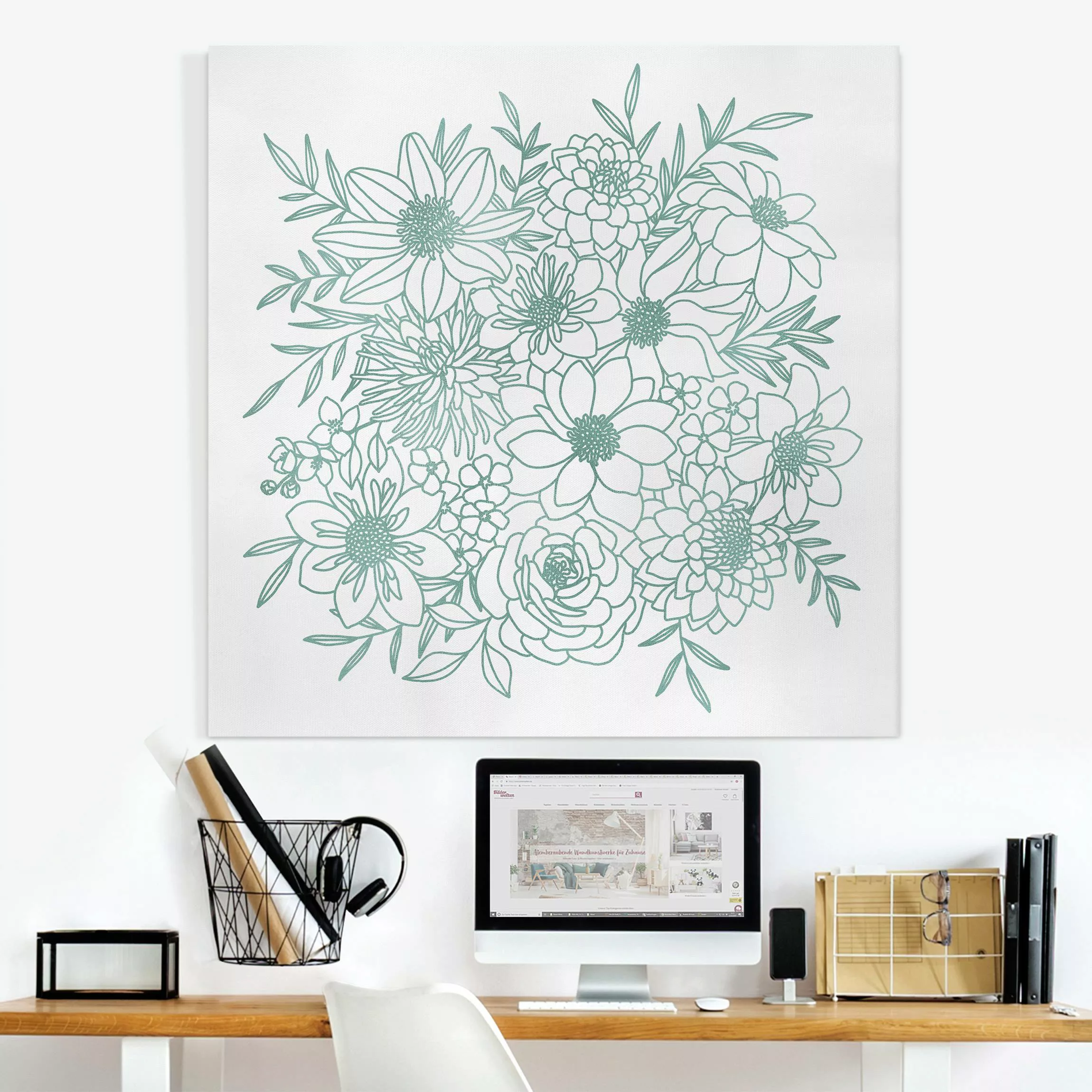 Leinwandbild Lineart Blumen in Metallic Grün günstig online kaufen