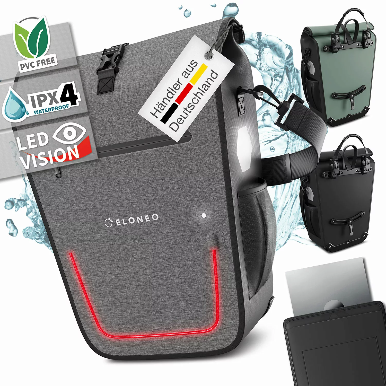 ELONEO Fahrradtasche für Laptop, wasserdicht mit LED, 25L, Grau günstig online kaufen