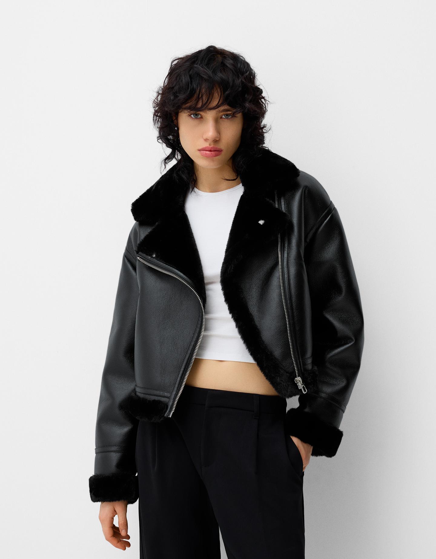 Bershka Doubleface-Bikerjacke Damen M Schwarz günstig online kaufen