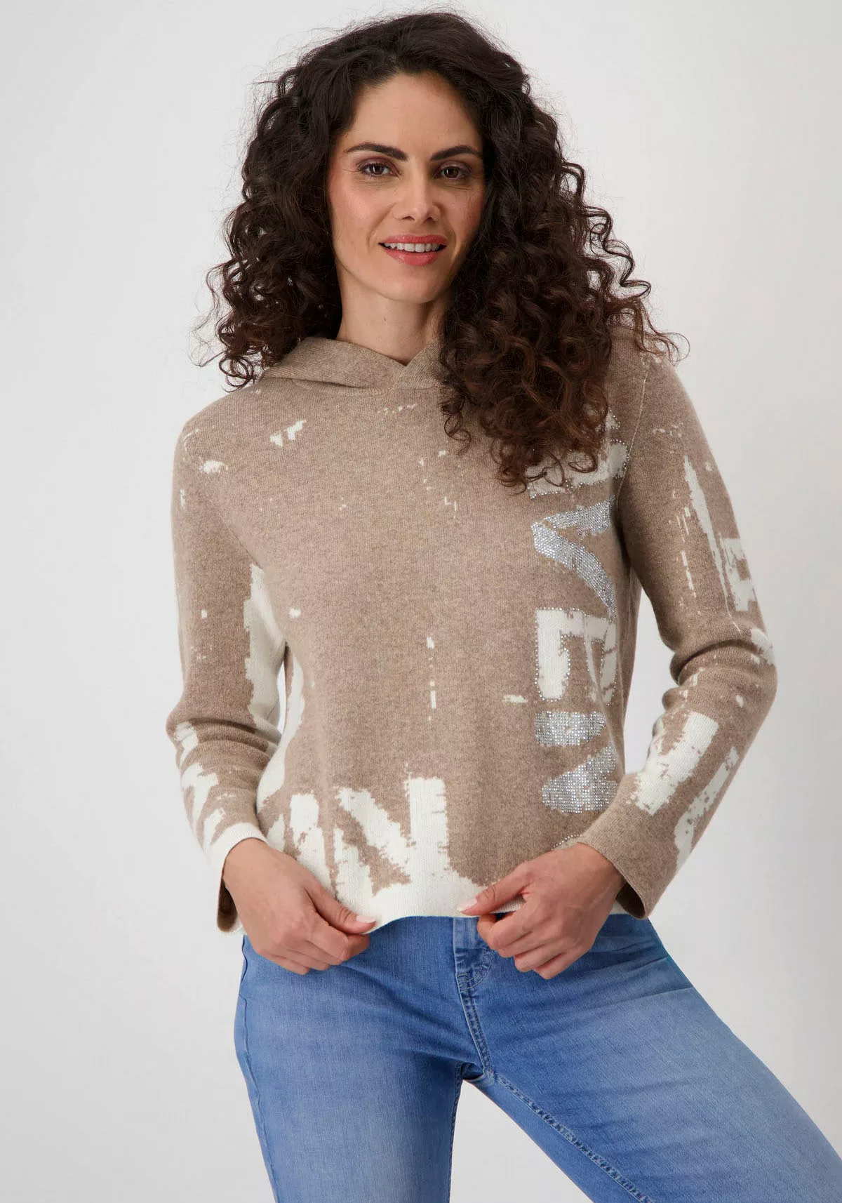 Monari Strickpullover "Pullover Jacquard Schrift", mit Kapuze günstig online kaufen