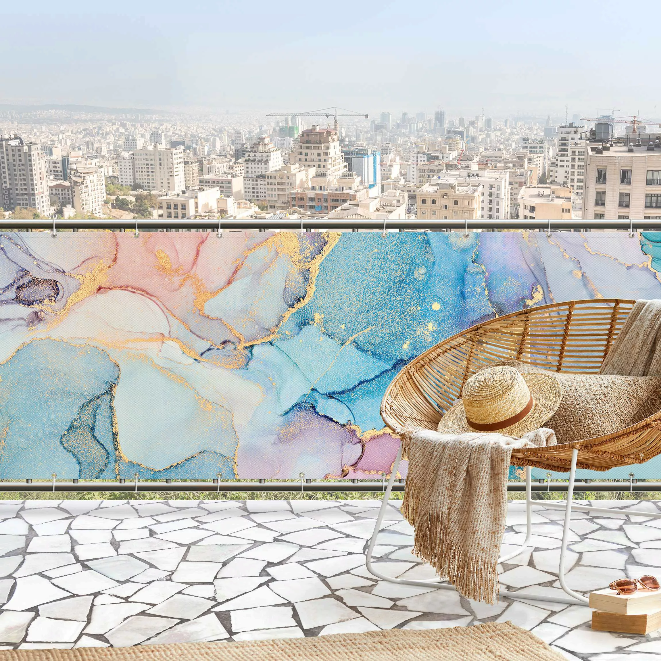 Balkon Sichtschutz Aquarell Pastell Bunt mit Gold günstig online kaufen