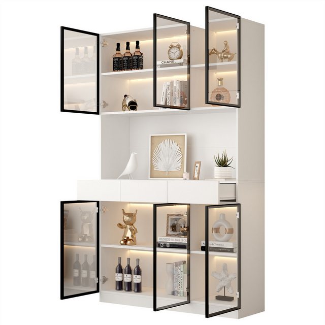 XDOVET Vitrine 200cm Vitrinenschrank mit LED Lichtern, Glasschrank, Weiß günstig online kaufen