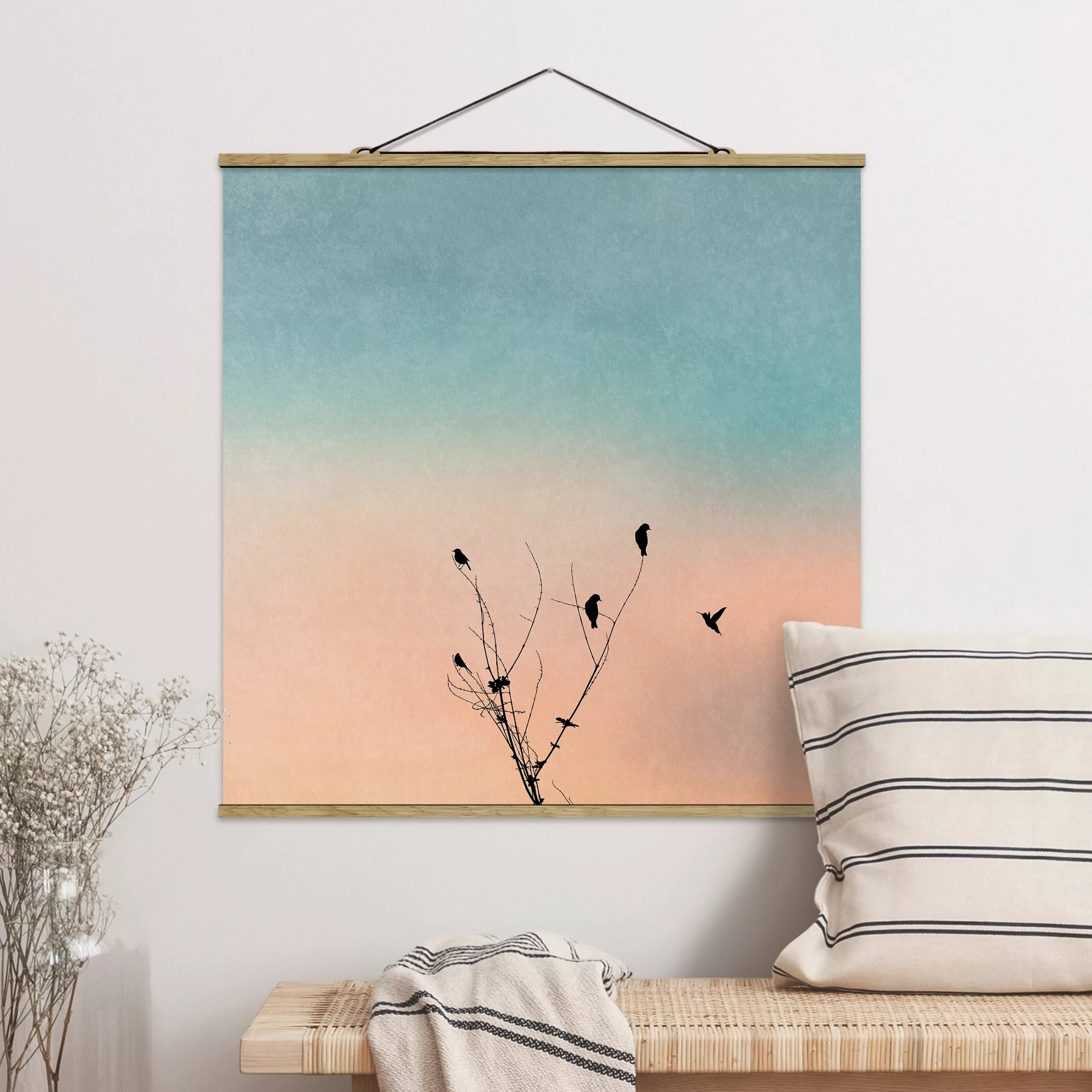 Stoffbild mit Posterleisten Vögel vor rosa Sonne II günstig online kaufen