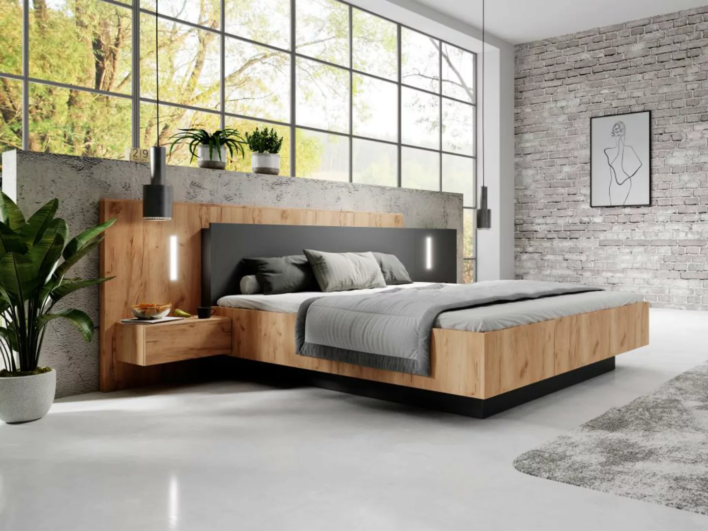 Bett mit integrierten Nachttischen - 160 x 200 cm - 2 Schubladen + LEDs - N günstig online kaufen
