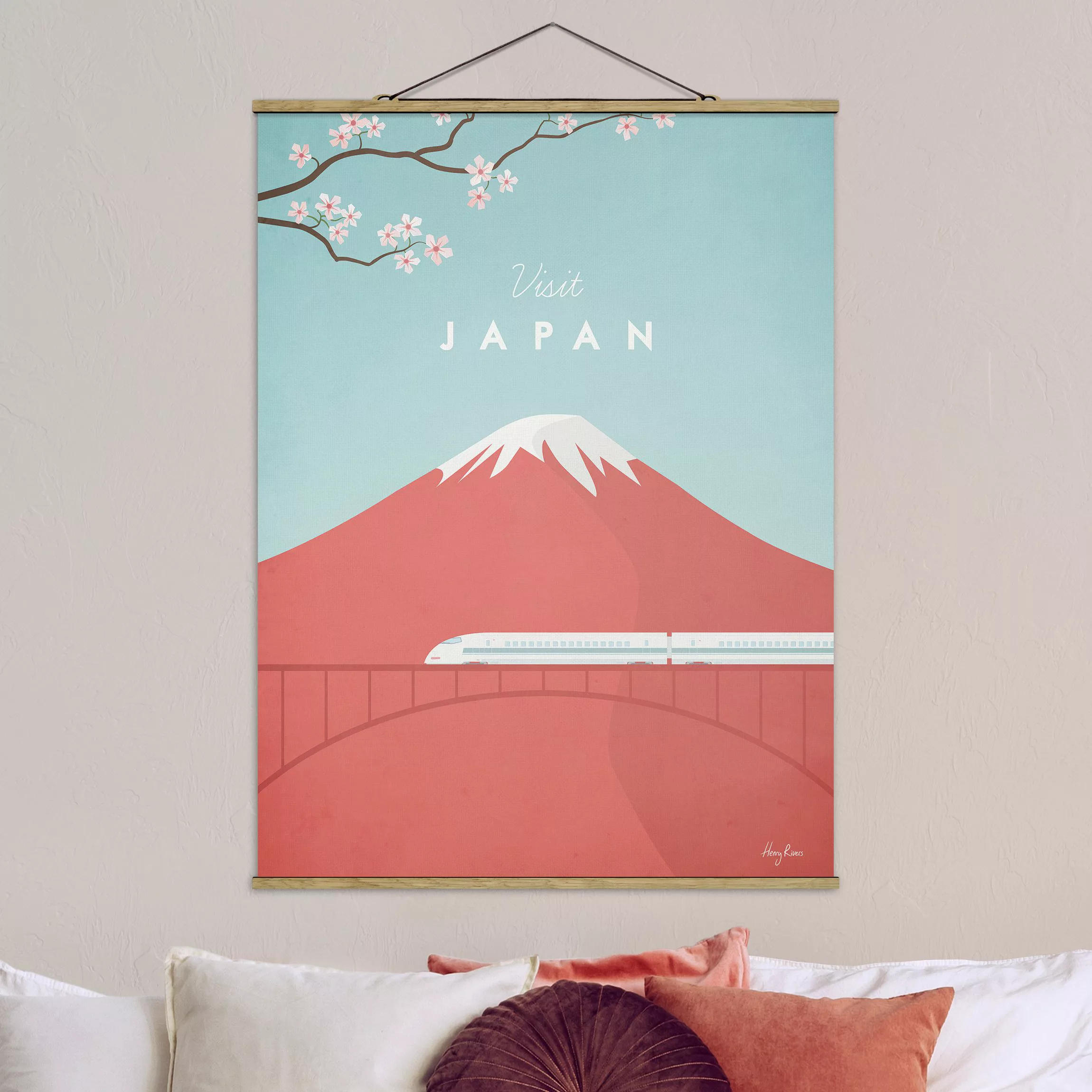 Stoffbild Blumen mit Posterleisten - Hochformat Reiseposter - Japan günstig online kaufen