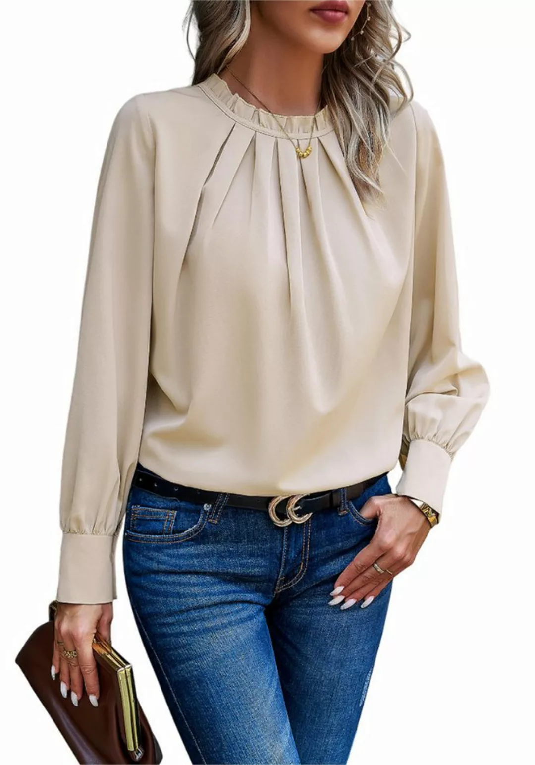 Mayou Rüschenbluse Damen Bluse Elegant Oberteile Langarm Tunika Falten Steh günstig online kaufen