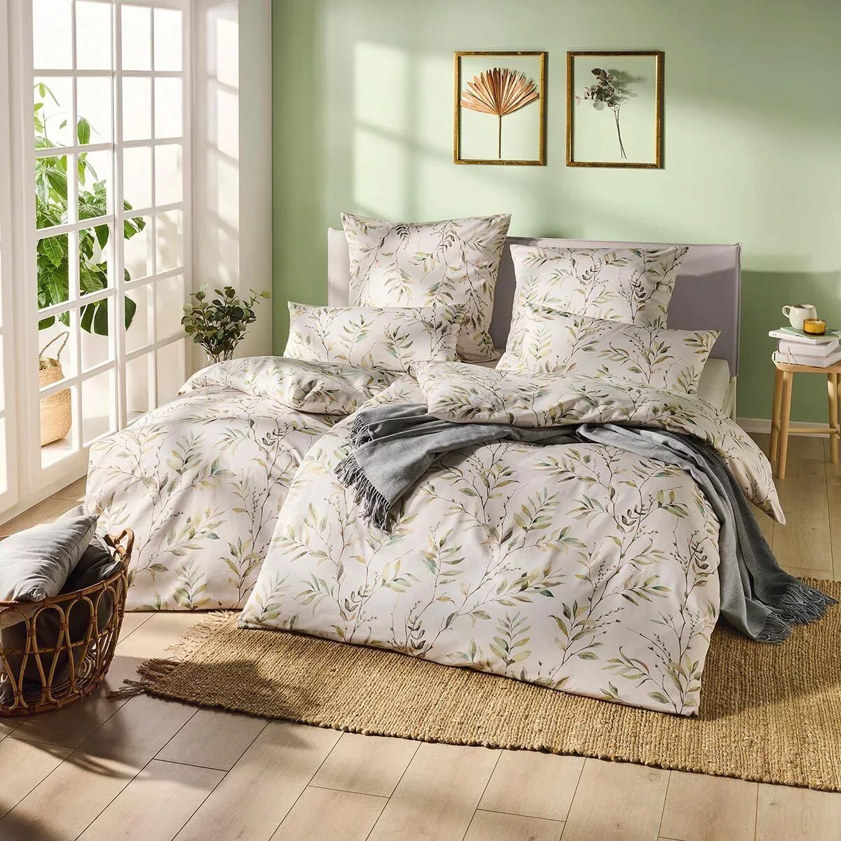 Estella Mako Satin Bettwäsche Olina 7592-530 grün Zweige 135x200 günstig online kaufen