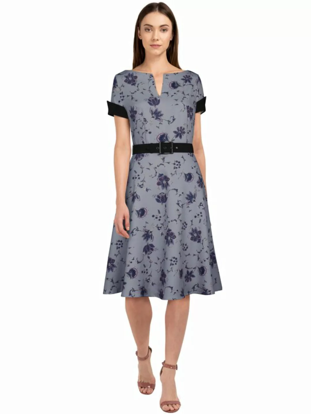 Retro Kleid mit V-Neckline Grau günstig online kaufen