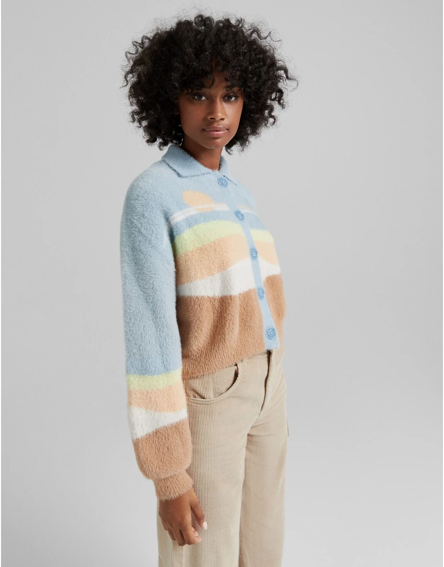 Bershka – Bunter Pullover mit Landschaftsmotiv und Kragen-Mehrfarbig günstig online kaufen