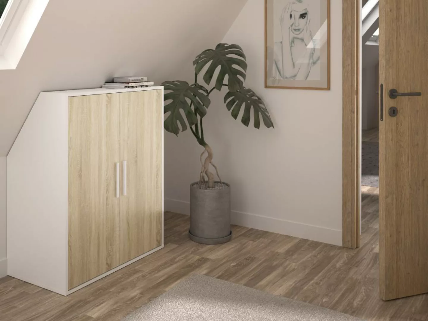 Schrank unter Dachschräge mit 2 Türen - Weiß & Holzfarben - ADEZIO günstig online kaufen