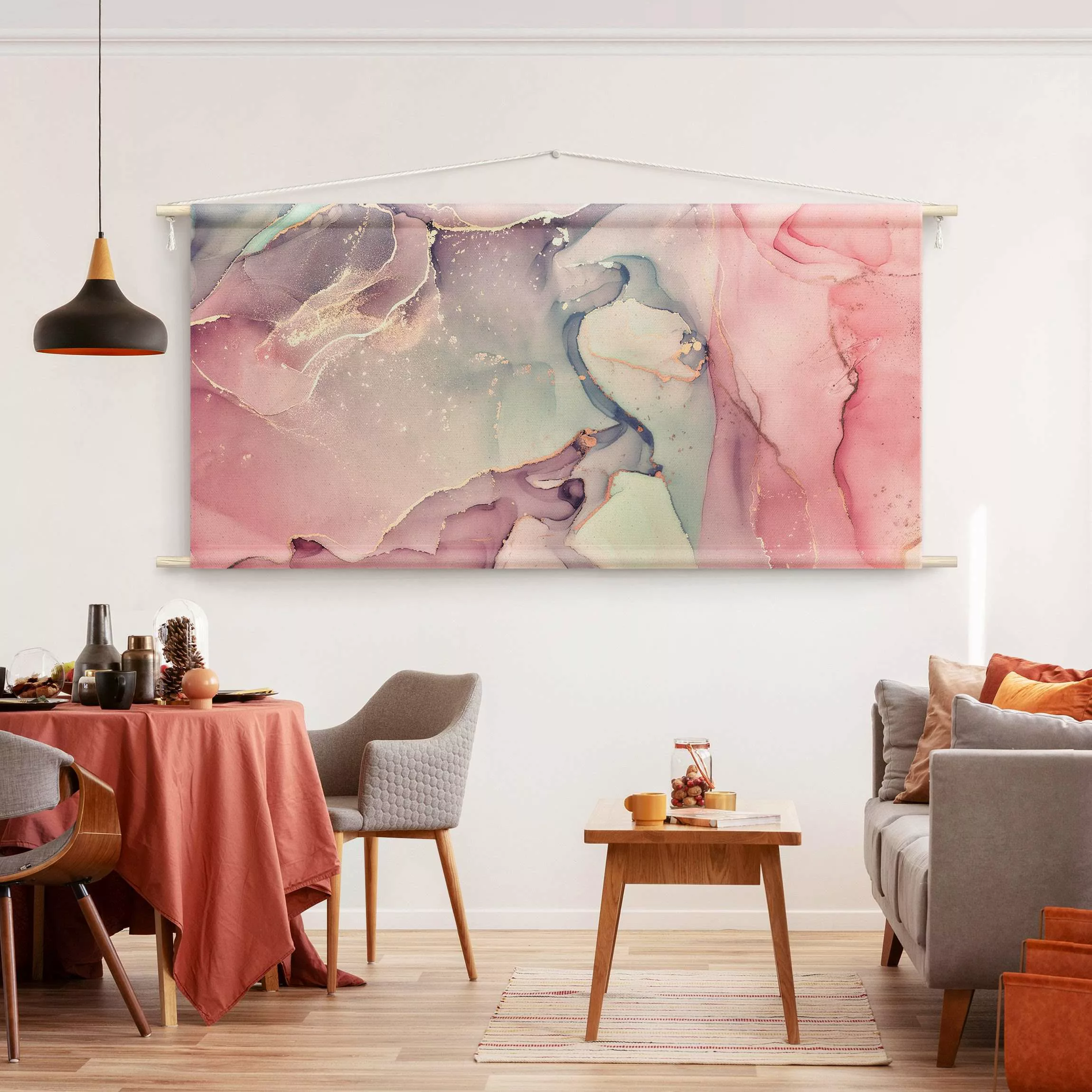 Wandteppich Aquarell Pastell Rosa mit Gold günstig online kaufen
