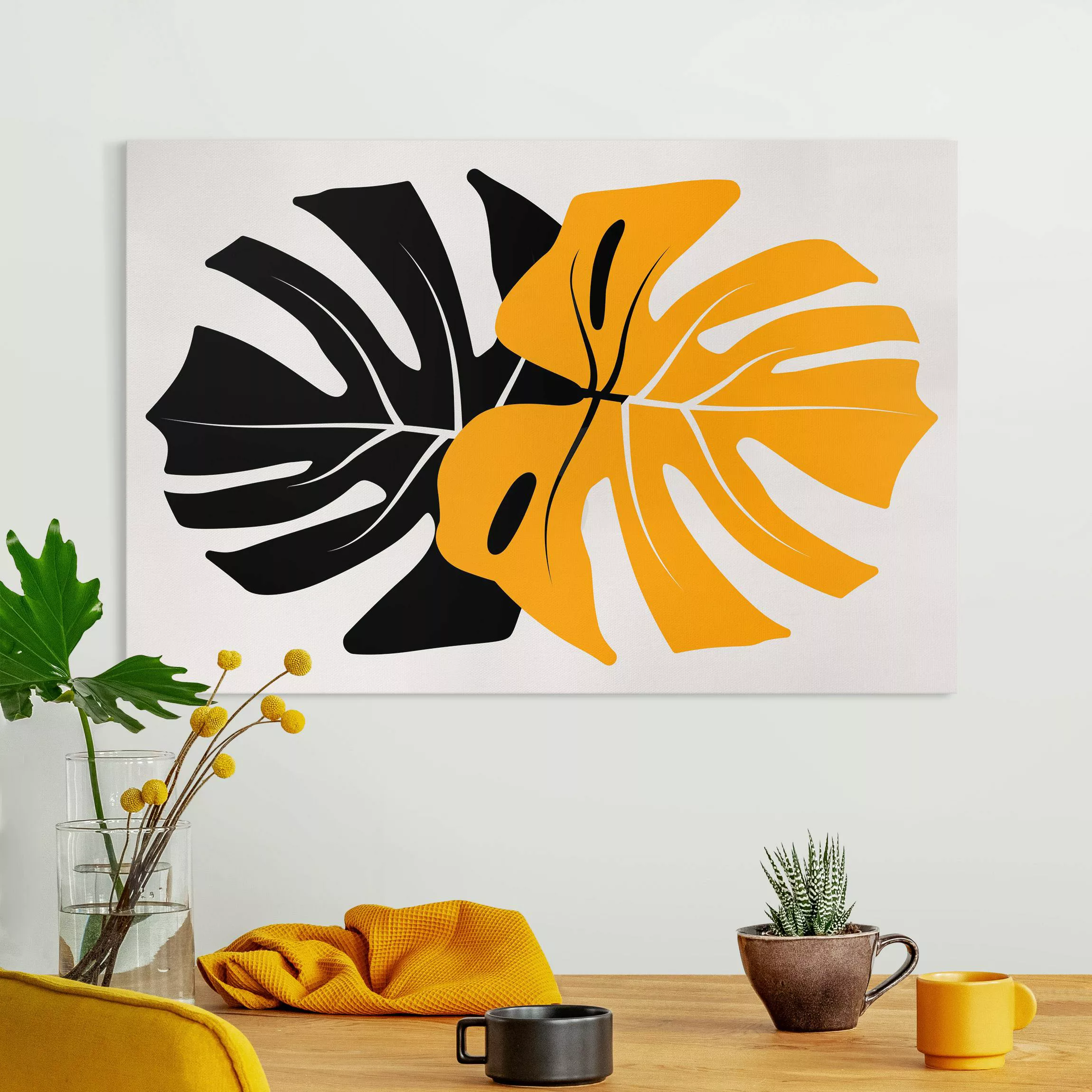 Leinwandbild Monstera Schwarz Gelb günstig online kaufen