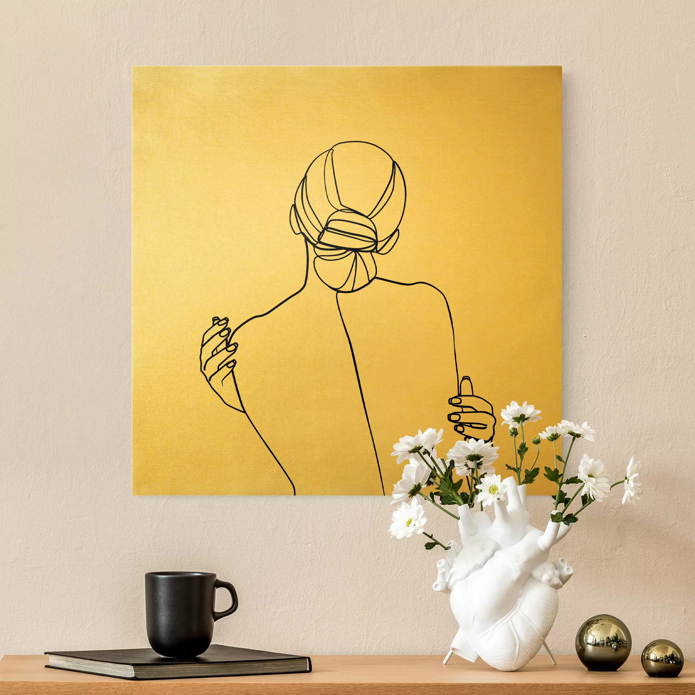 Leinwandbild Gold Line Art Frau Rücken Schwarz Weiß günstig online kaufen
