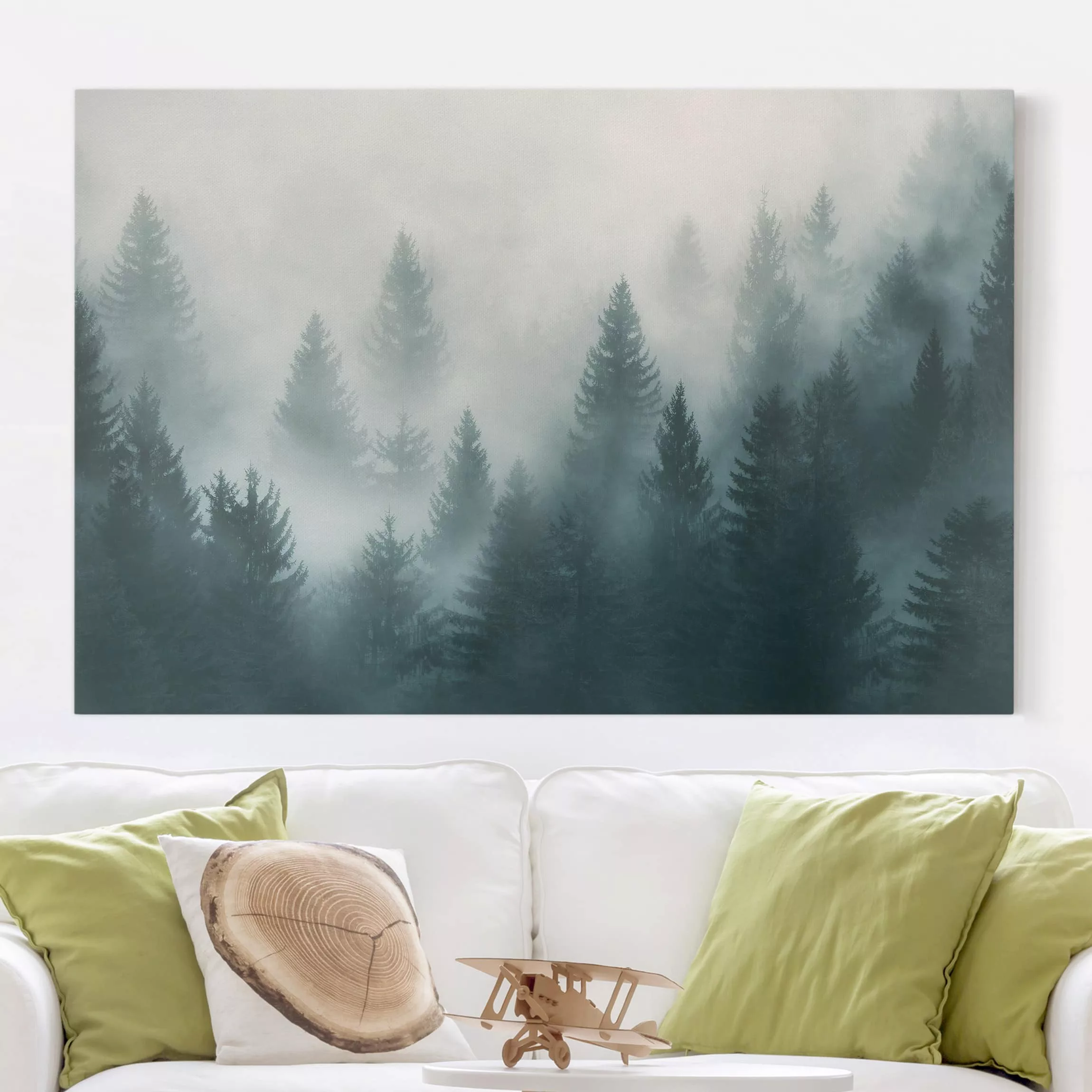 Leinwandbild Wald - Querformat Nadelwald im Nebel günstig online kaufen