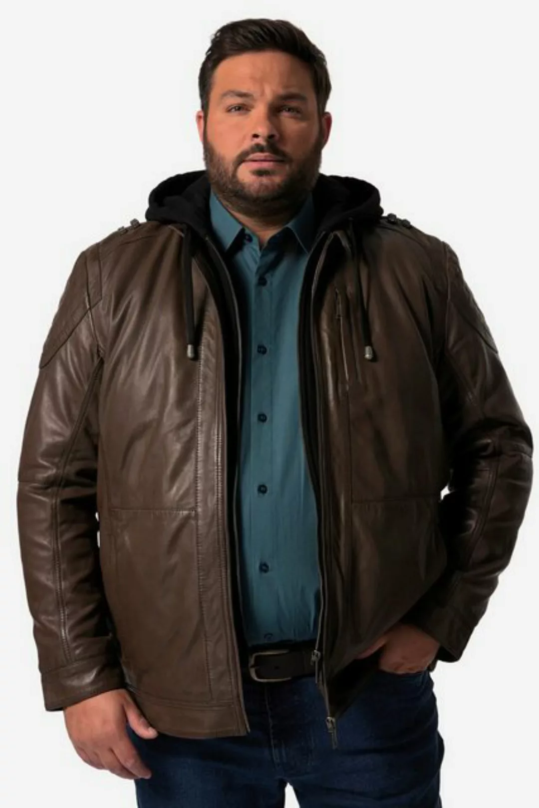 Men Plus Lederjacke Men+ Lederjacke Leder Jersey-Kapuze Zipper günstig online kaufen